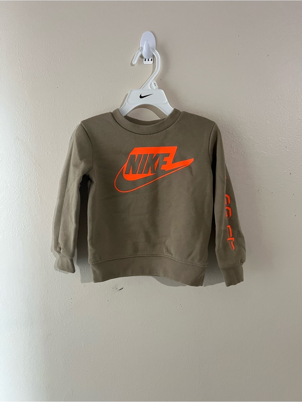 Nike Kids Khaki Crew Sweatshirt with Bright Orange Logo